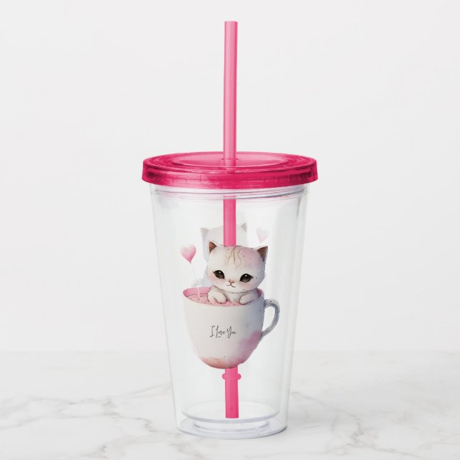 Niedliche weißrosa Katze im Tea Cup (4) Acryltrinkbecher (Vorderseite)