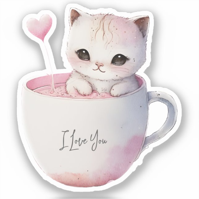 Niedliche weißrosa Katze im Tea Cup (4) Aufkleber (Vorderseite)