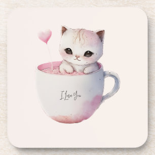 Niedliche weißrosa Katze im Tea Cup (4) Getränkeuntersetzer