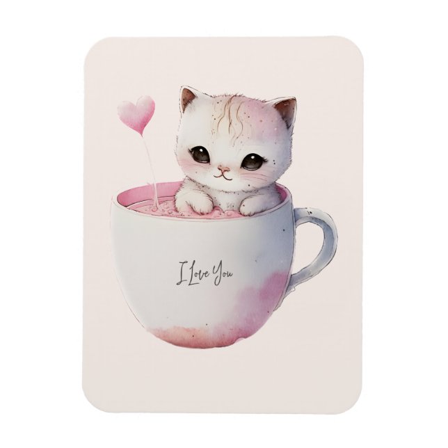 Niedliche weißrosa Katze im Tea Cup (4) Magnet (Vertikal)