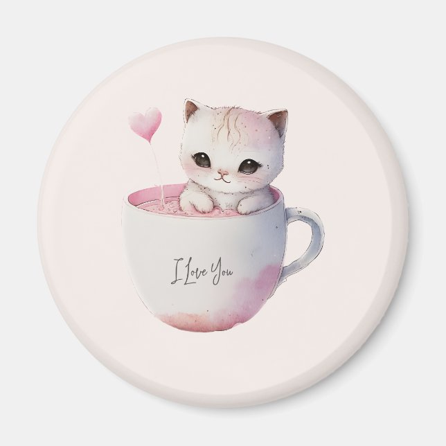 Niedliche weißrosa Katze im Tea Cup (4) Magnet (Vorne)