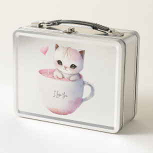 Niedliche weißrosa Katze im Tea Cup (4) Metall Brotdose