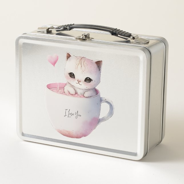 Niedliche weißrosa Katze im Tea Cup (4) Metall Brotdose (Vorderseite)