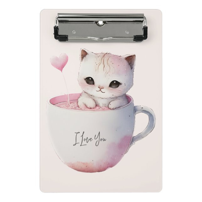 Niedliche weißrosa Katze im Tea Cup (4) Mini Klemmbrett (Vorderseite)