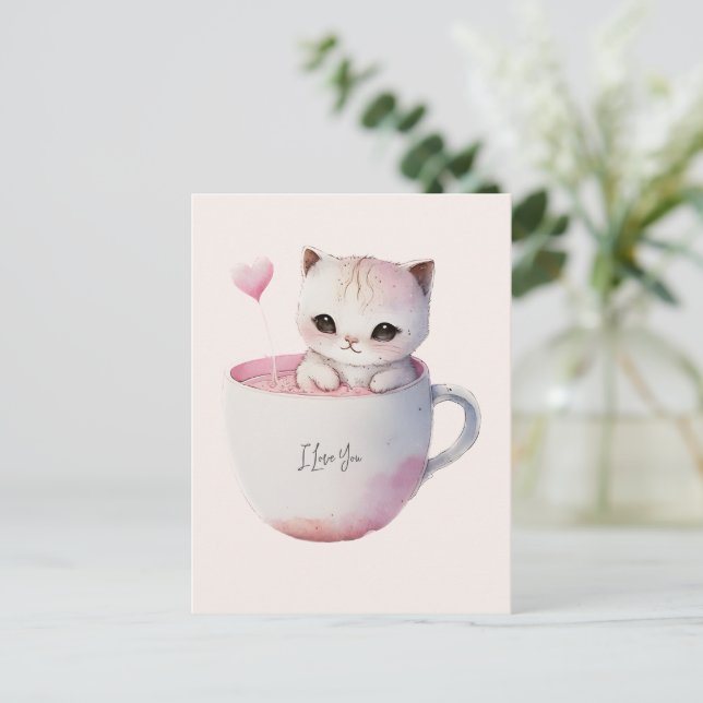 Niedliche weißrosa Katze im Tea Cup (4) Postkarte (Stehend Vorderseite)