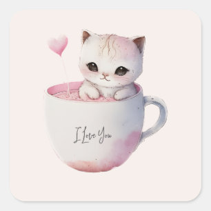 Niedliche weißrosa Katze im Tea Cup (4) Quadratischer Aufkleber