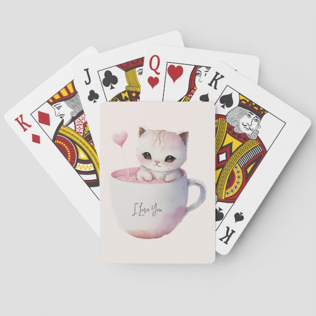 Niedliche weißrosa Katze im Tea Cup (4) Spielkarten (Rückseite)