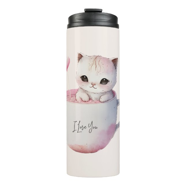 Niedliche weißrosa Katze im Tea Cup (4) Thermosbecher (Vorderseite)