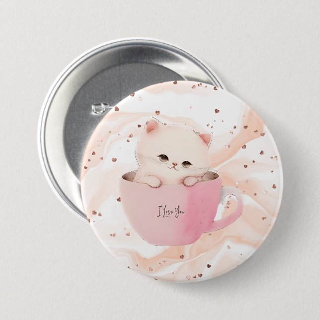Niedliche weißrosa Katze im Teecup Button (Vorne & Hinten)