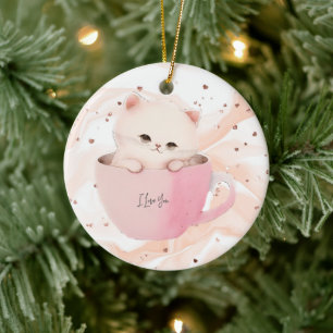 Niedliche weißrosa Katze im Teecup Keramik Ornament