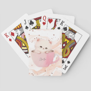 Niedliche weißrosa Katze im Teecup Spielkarten