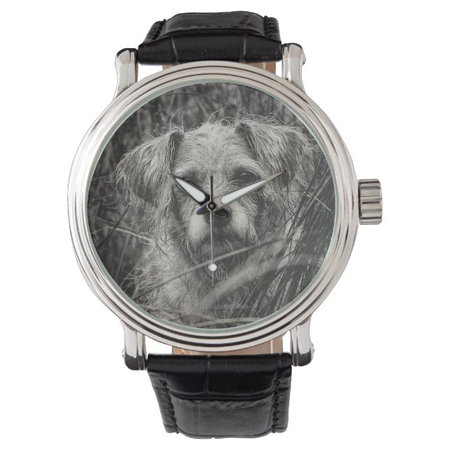 Niedliche Welpe Black and Whie Portrait Fotografie Armbanduhr (Vorderseite)