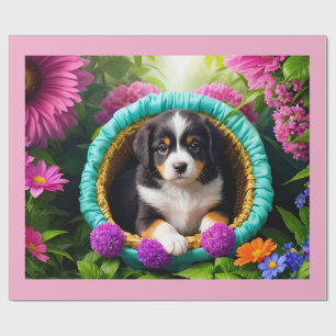 Niedliche Welpe in einem Korb Geschenkpapier