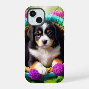 Niedliche Welpe in einem Korb iPhone 15 Hülle