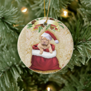 Niedliche Welpe in einer Tasche mit Weihnachtsspie Keramik Ornament