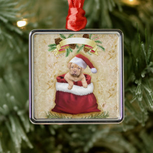 Niedliche Welpe in einer Tasche mit Weihnachtsspie Ornament Aus Metall