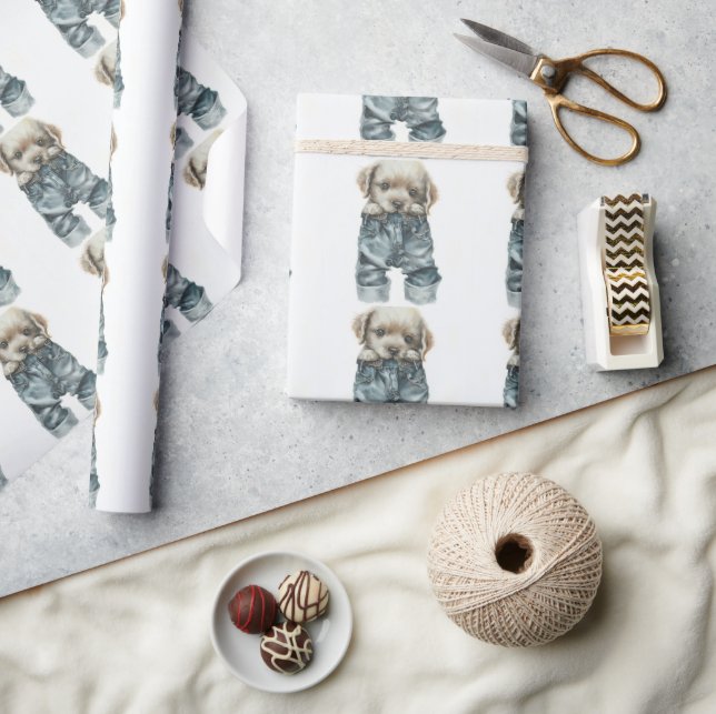 Niedliche Welpe in Jeans Art Geschenkpapier (Kunsthandwerk)