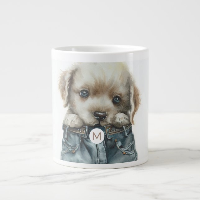 Niedliche Welpe in Jeans Art Monogram Jumbo-Tasse (Vorderseite)