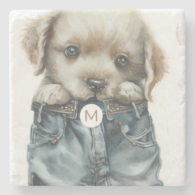 Niedliche Welpe in Jeans Art Monogram Steinuntersetzer (Vorderseite)