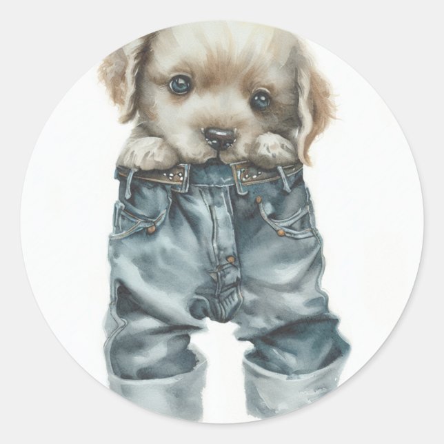 Niedliche Welpe in Jeans Art Runder Aufkleber (Vorderseite)