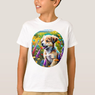 Niedliche Welpe in Wildblumen - Aquarellkunst T-Shirt