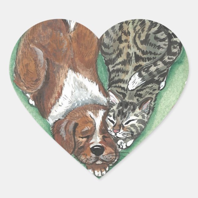 Niedliche Welpe Kitten Dog Cat Art Herzdesign Herz-Aufkleber (Vorderseite)