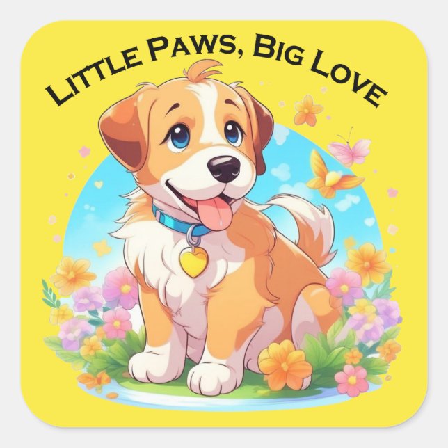 Niedliche Welpe Kleine Paws Big Liebe Quadratischer Aufkleber (Vorderseite)