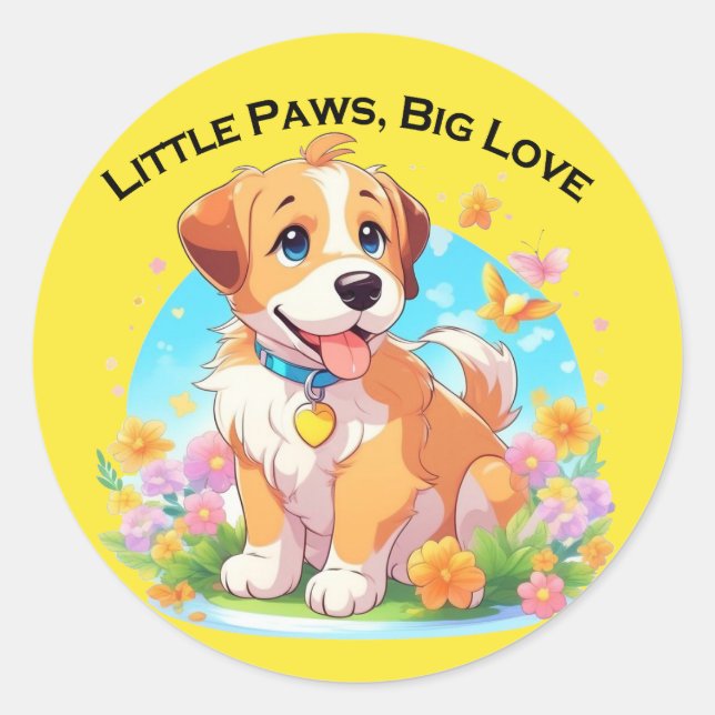Niedliche Welpe Kleine Paws Big Liebe Runder Aufkleber (Vorderseite)