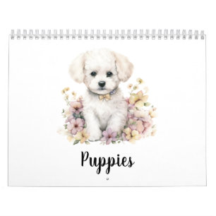 Niedliche Welpe mit Blumen Wasserfarbe Kalender