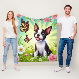 Niedliche Welpe mit Blüten und Schmetterlingen Fleecedecke