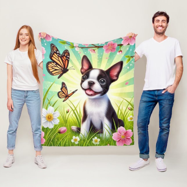 Niedliche Welpe mit Blüten und Schmetterlingen Fleecedecke (Beispiel)