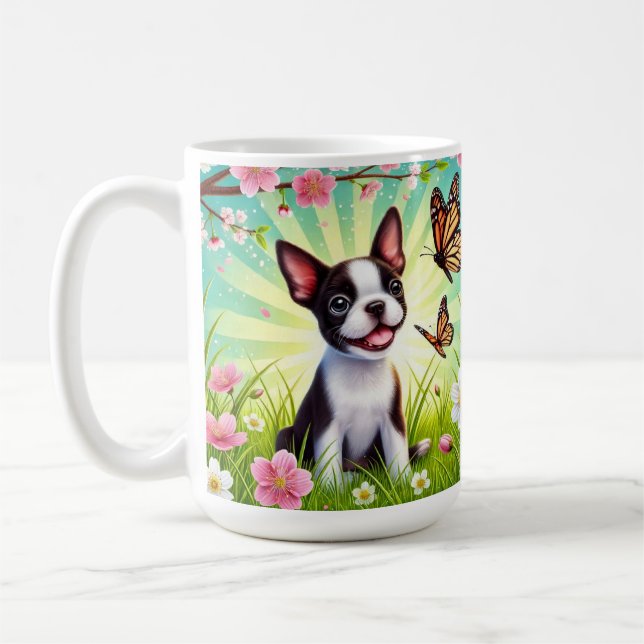 Niedliche Welpe mit Blüten und Schmetterlingen Kaffeetasse (Links)
