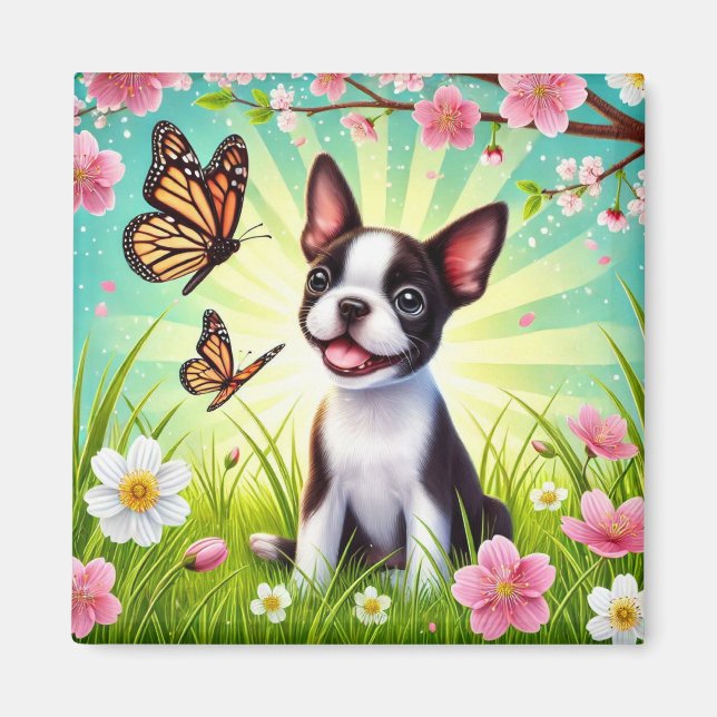 Niedliche Welpe mit Blüten und Schmetterlingen Magnet (Vorne)