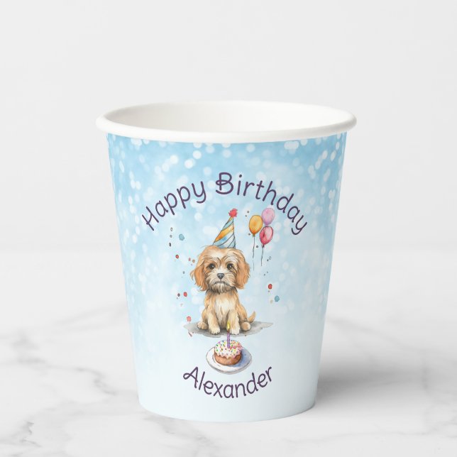 Niedliche Welpe mit Party Hat Geburtstag Pappbecher (Vorderseite)