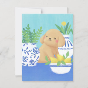Niedliche Welpe mit Pflanze, Zitronen und Blume Postkarte