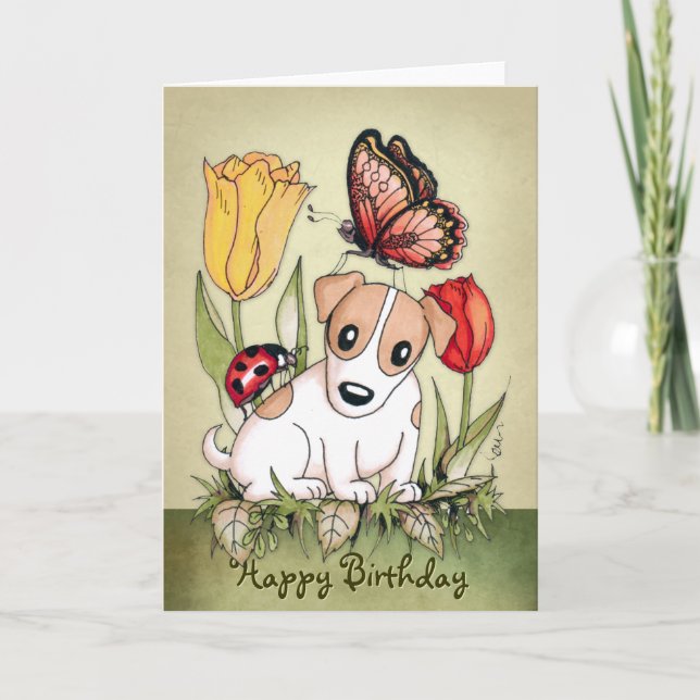 Niedliche Welpe mit Schmetterling und Ladybug Gebu Karte (Vorderseite)