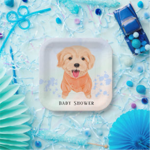 Niedliche Welpe mit Watercolor Splash Boy Babydusc Pappteller