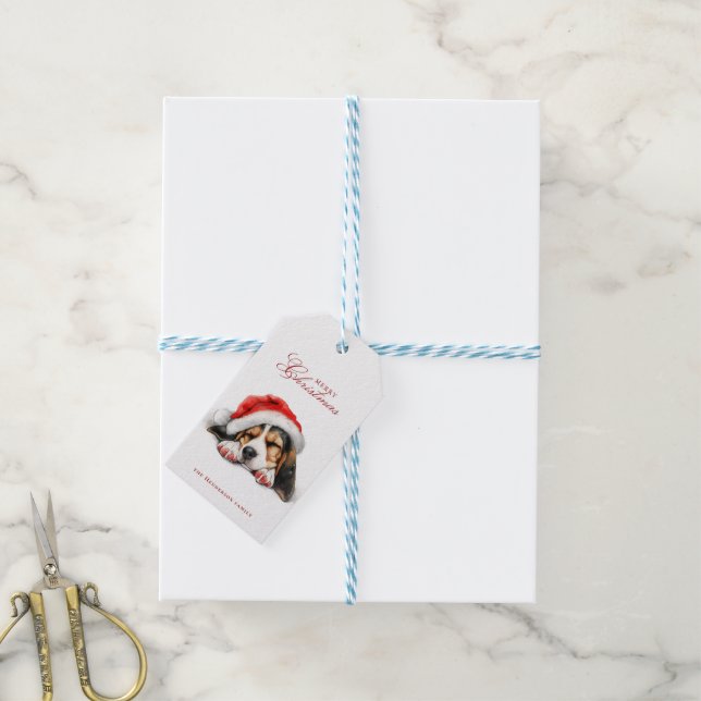 Niedliche Welpe mit Weihnachtsmannmütze Individuel Geschenkanhänger (Mit Garn)