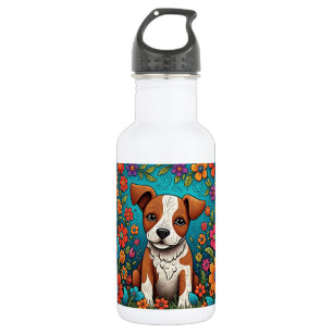 Niedliche Welpe mit Whimsical Folk Art Blume Edelstahlflasche