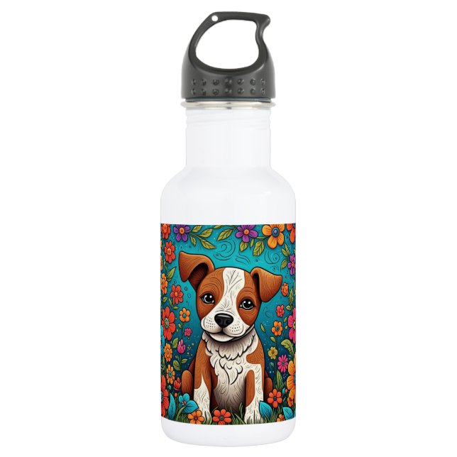 Niedliche Welpe mit Whimsical Folk Art Blume Edelstahlflasche (Vorderseite)