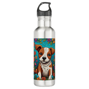 Niedliche Welpe mit Whimsical Folk Art Blume Edelstahlflasche