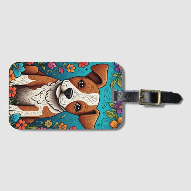 Niedliche Welpe mit Whimsical Folk Art Blume Gepäckanhänger (Vorderseite (Horizontal))