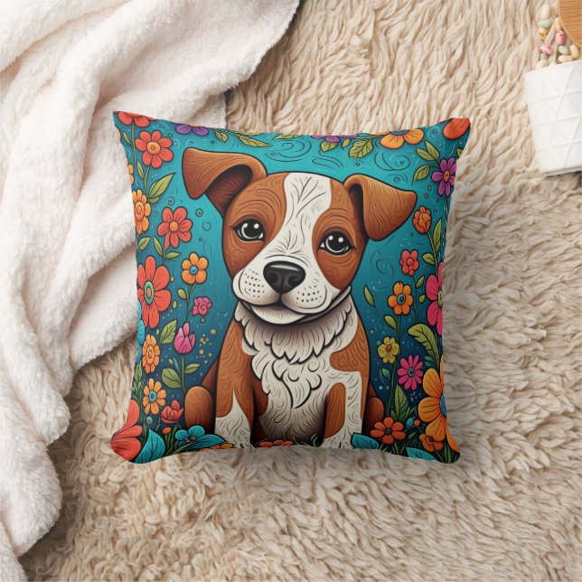 Niedliche Welpe mit Whimsical Folk Art Blume Kissen (Decke)