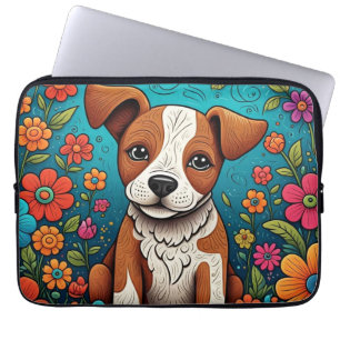Niedliche Welpe mit Whimsical Folk Art Blume Laptopschutzhülle