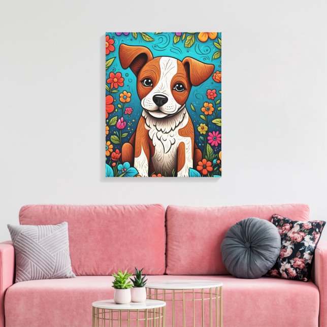 Niedliche Welpe mit Whimsical Folk Art Blume Leinwanddruck (Insitu (Wohnzimmer))