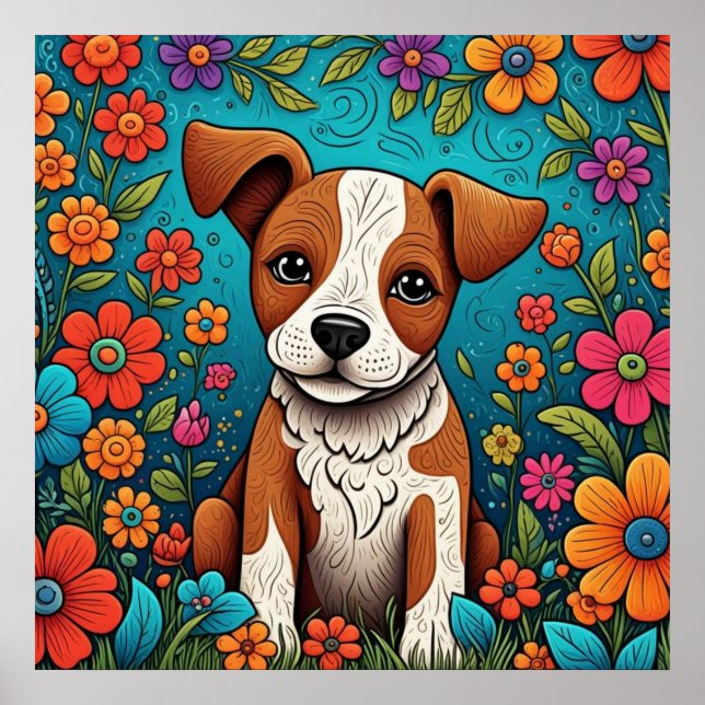 Niedliche Welpe mit Whimsical Folk Art Blume Poster (Vorne)