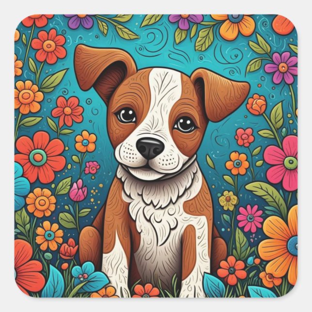 Niedliche Welpe mit Whimsical Folk Art Blume Quadratischer Aufkleber (Vorderseite)