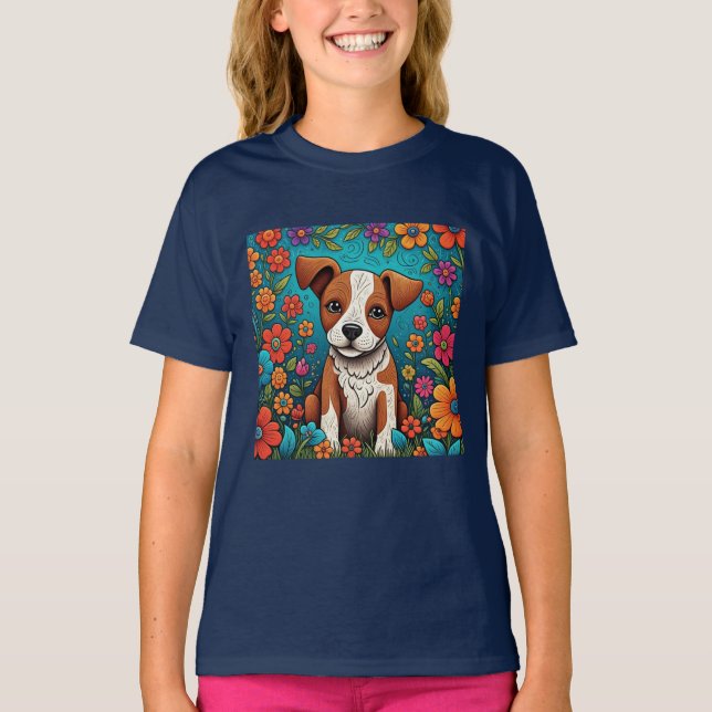 Niedliche Welpe mit Whimsical Folk Art Blume T-Shirt (Vorderseite)