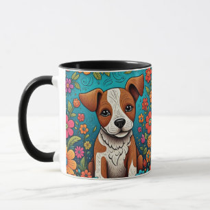 Niedliche Welpe mit Whimsical Folk Art Blume Tasse