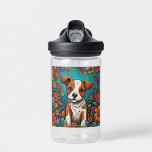 Niedliche Welpe mit Whimsical Folk Art Blume Trinkflasche